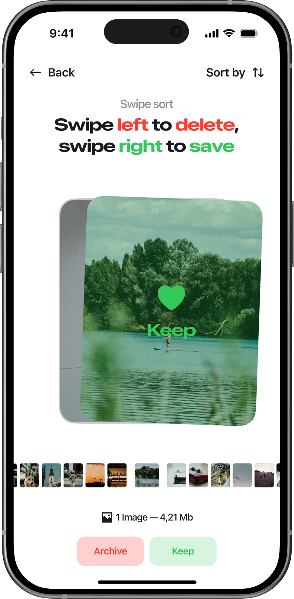 Clean Control screenshot showing swipe sorting